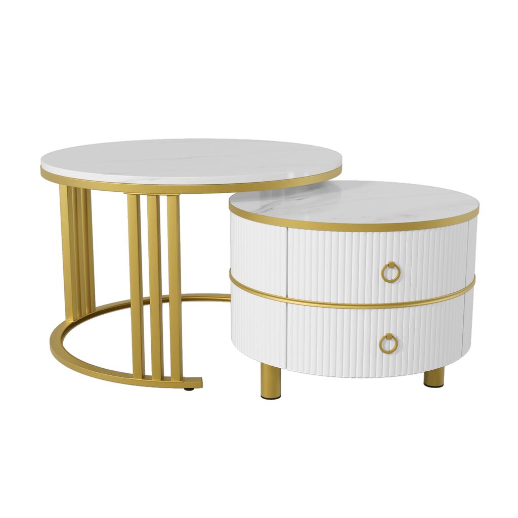 2-in-1 Round MDF Coffee Table, Side Table with Glossy Top and White Marble Slab, Living Room Table Combination with 2 Drawers, 70*70*46 + 50*50*40 cm