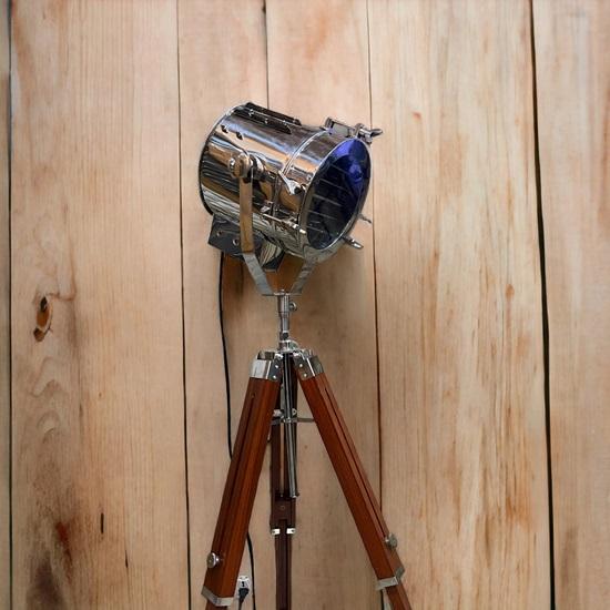Nautical Tripod Spotlight Handmade Chrome Searchlight Wood Stand Industrial Maritime Decor Modern Floor Light Corner Spaces