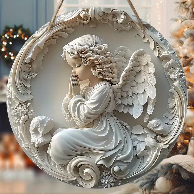 Wood 1pc 2D Baptism Nativity Praying Angel Retro Pattern Wooden Porch Wreath Hanging Print Sign Painting Home Fence Decoration for Door, Wall, Home