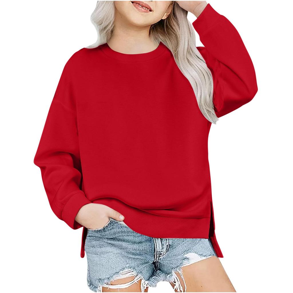 Children's Oversized Pullover Sweatshirt Girls' Round Neck Split-Front Solid Color Hoodie