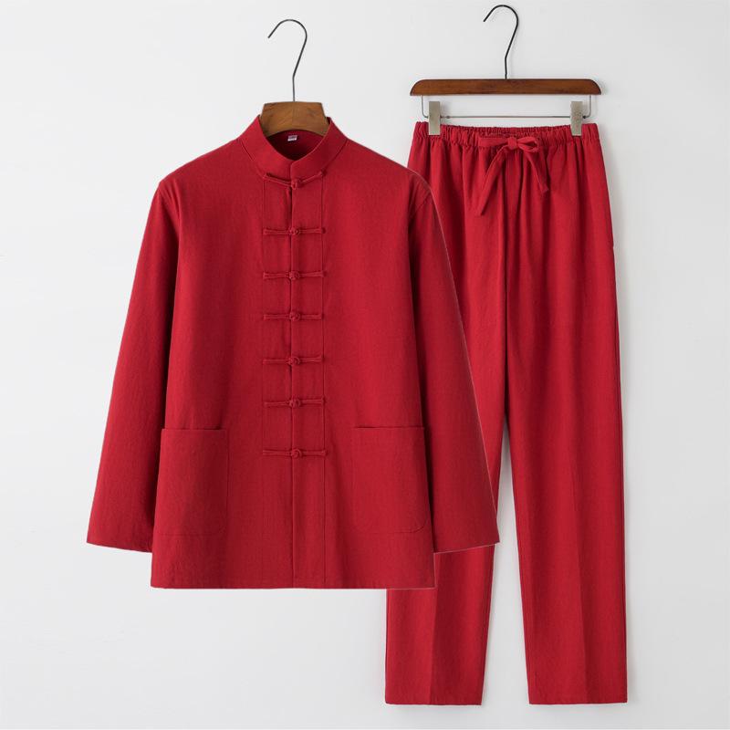 Men's Chinese Style Long-Sleeve Tang Suit Set with Frog Buttons - Retro Tea & Tai Chi Two-Piece