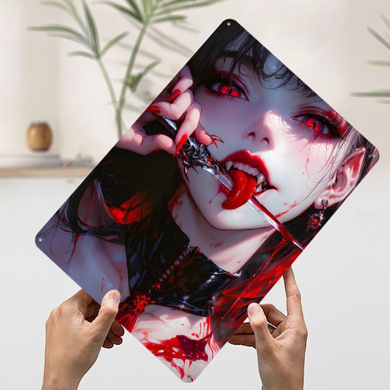 Vampire Girl With Knife Printed Poster Customized Wall Art Retro Vintage Metal Tin Signs for Home Decor Living Room Man Cave