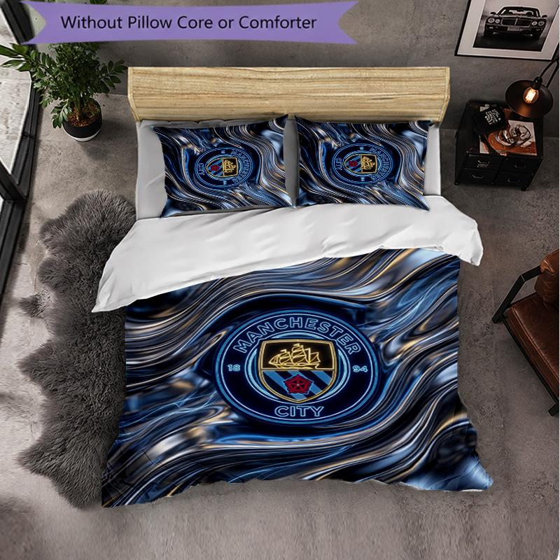 Manchester City Pattern 3 Pieces Bedding Set Soft Microfiber Duvet Cover with Pillow Cases for Bedroom