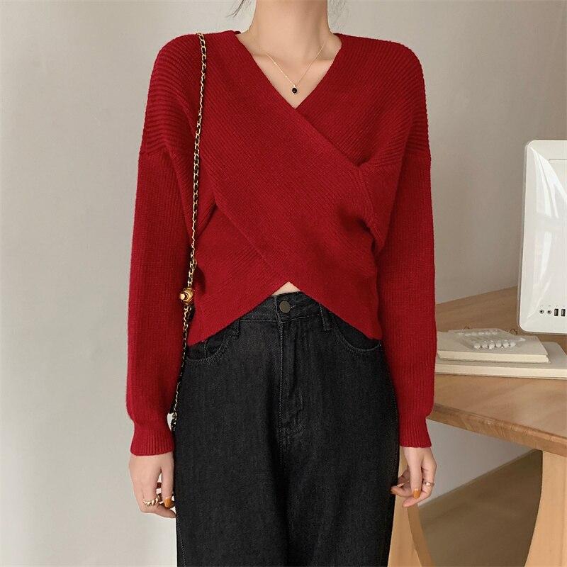 Осенний свободный женский вязаный свитер с v-образным вырезом, винтажные офисные женские пуловеры, свитера, женские зимние корейские нерегулярные трикотажные изделия 28576