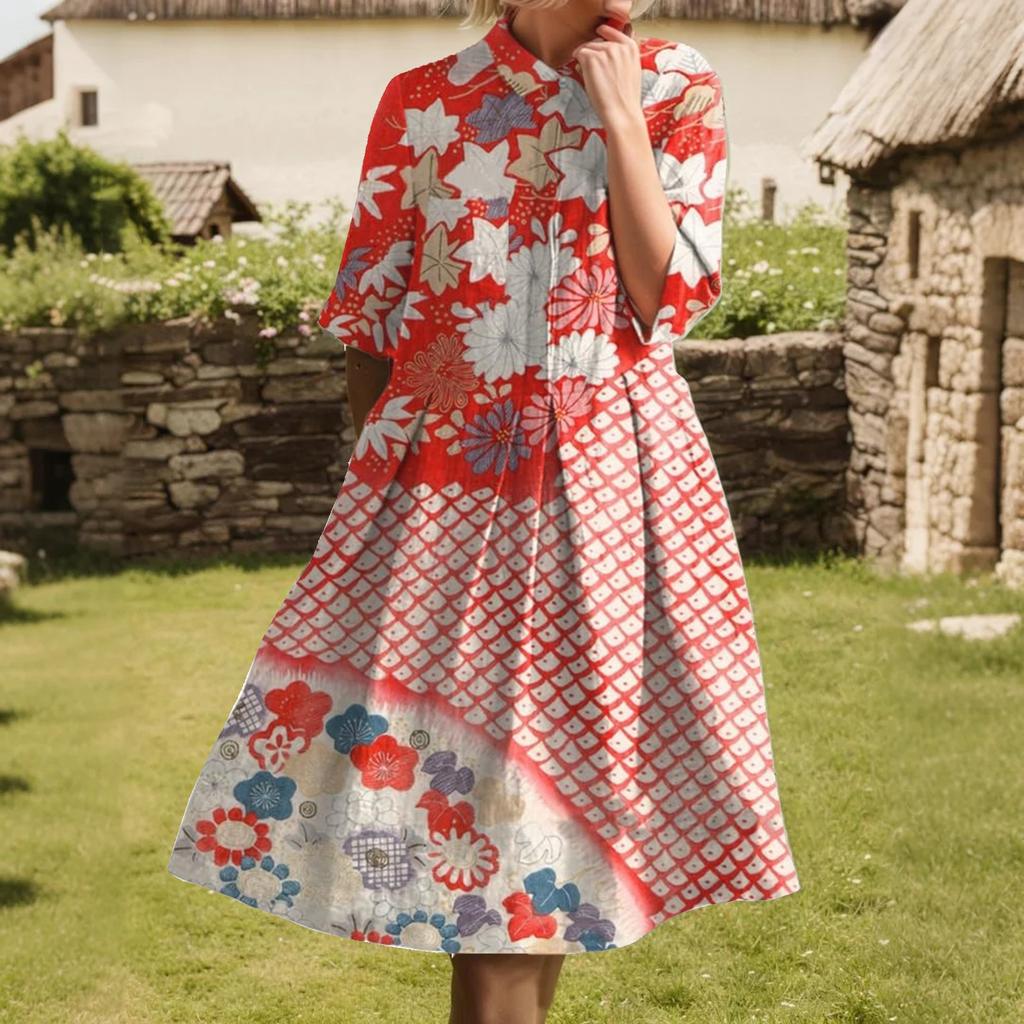 Dress For Women Elegant Casual Smocked Button Lapel Short Sleeve Knee Length Dress