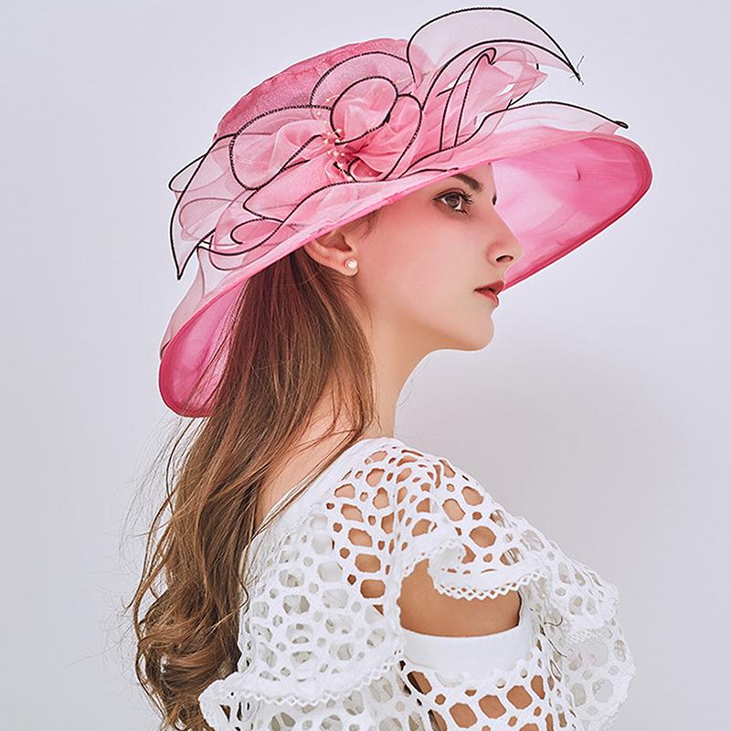 Vintage Organza Wide Brim Hat For Women Church Dress Bridal Wedding Hat Floral Mesh Sun Hat Party Beach Caps