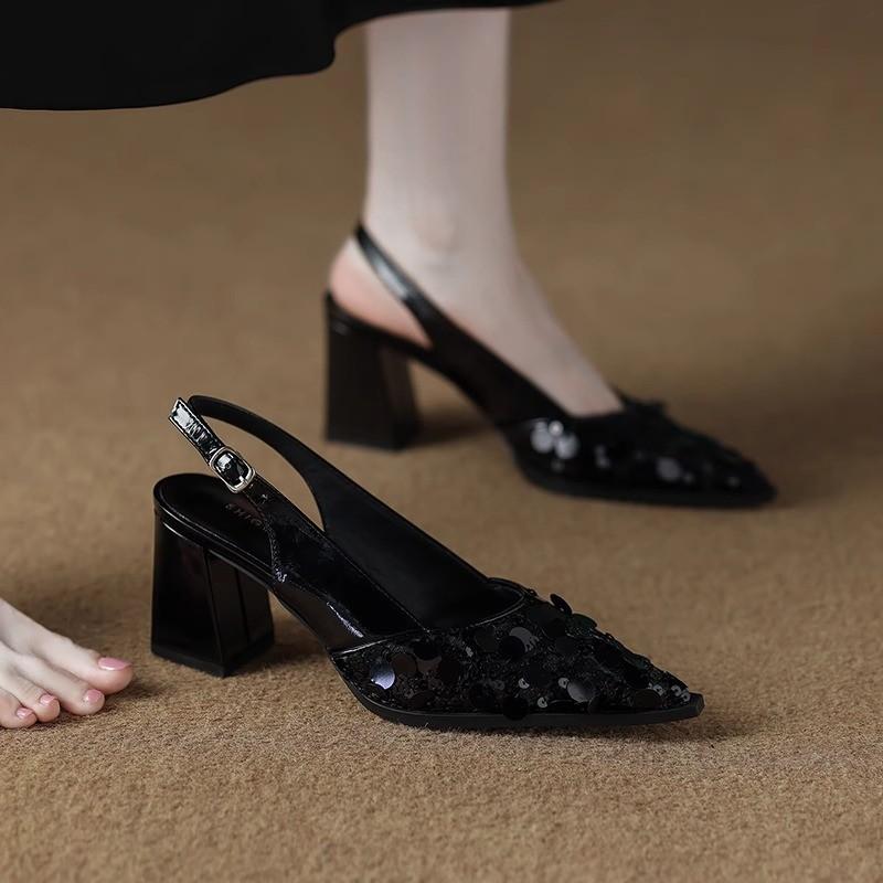 Модные туфли-лодочки с острым носком и пайетками, темпераментные, на высоком каблуке, серебристые, одинарные, женские, лето 2025, босоножки с закрытым носком