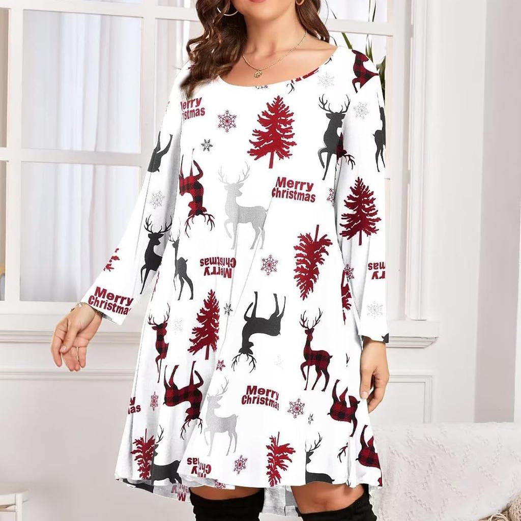 Весенне-осенние модные рождественские платья с мультяшным принтом, женское платье среднего размера с рукавами среднего размера