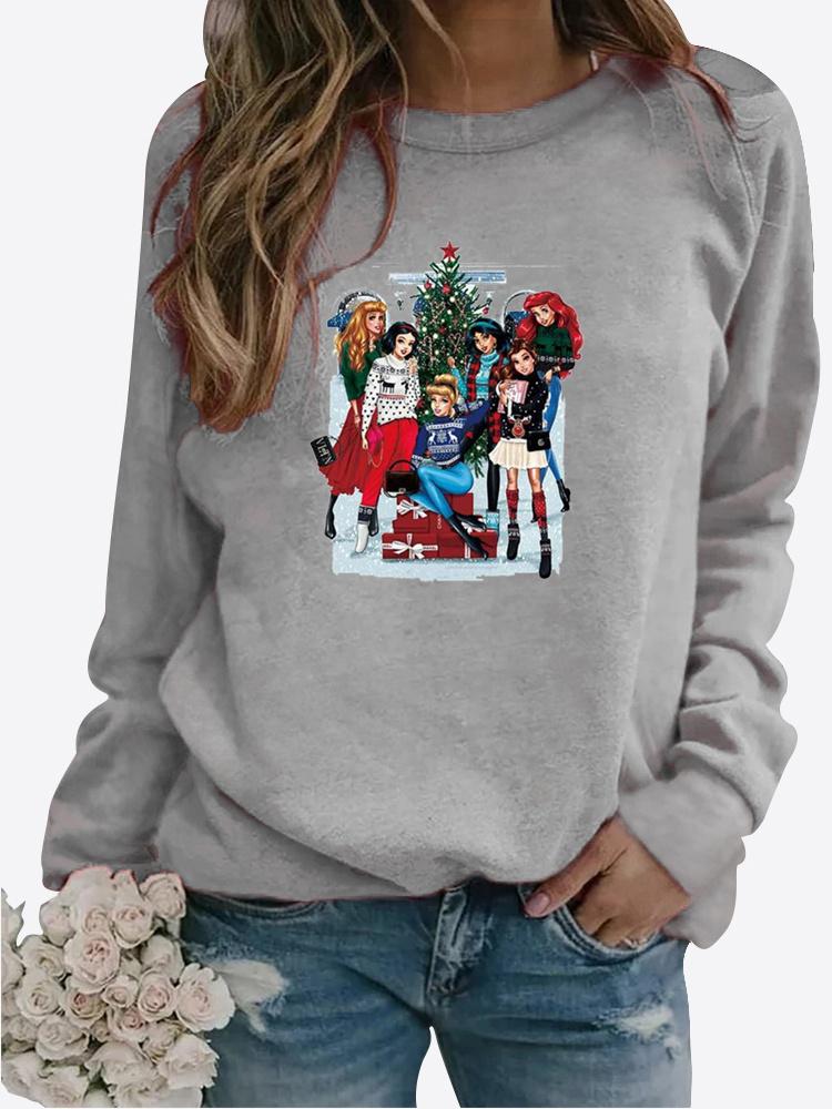 Spring and Autumn Women's Christmas Theme Printed Sweater Thickened Round Neck Long Sleeve Casual Sweatshirt Plus Size Top