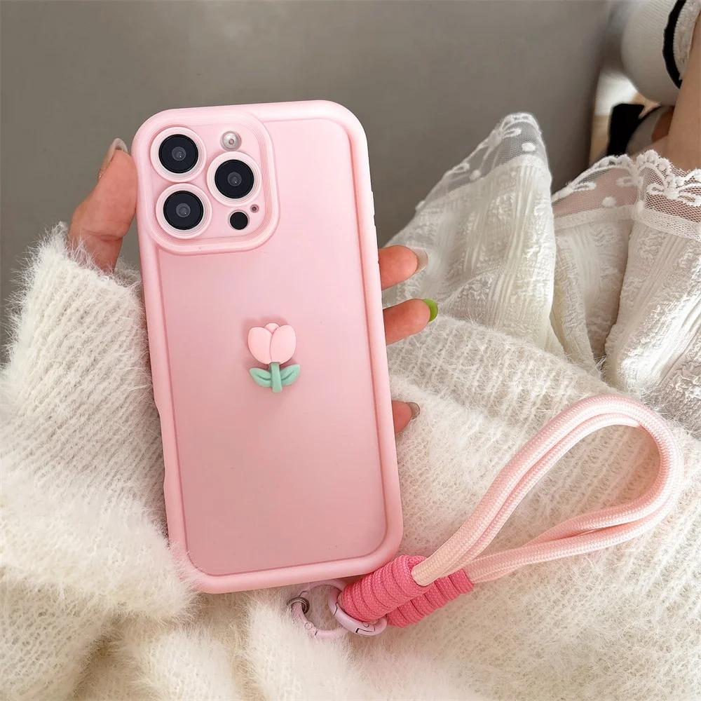 3D Милый Тюльпан Цветок Шнурок Веревка Чехол для Телефона Для iPhone 17 16 15 14 13 12 11 Pro Max 16E X XS XR 7 8 Plus Силиконовый Мягкий Чехол