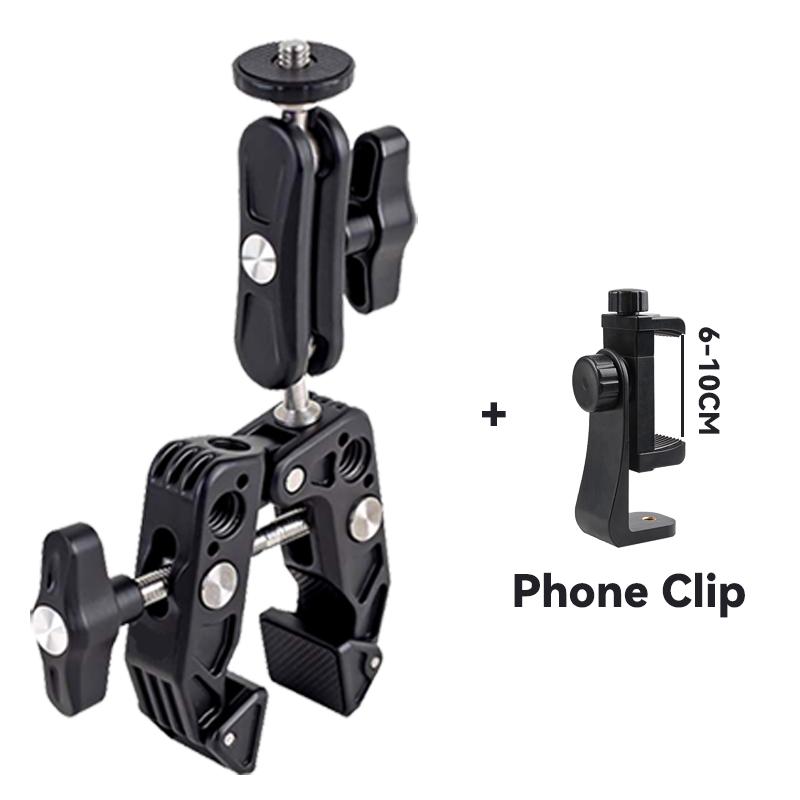 Металлический суперзажим с отверстием 1/4'' 3/8'' с двойной шаровой головкой Magic Arm Clamp для телефона, видеокамеры, монитора, светодиодной подсветки, микрофона