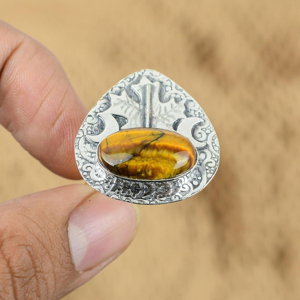 925 Sterling Silver Tiger's Eye Stone Mother Art Deco Handmade Cresent Moon Ring