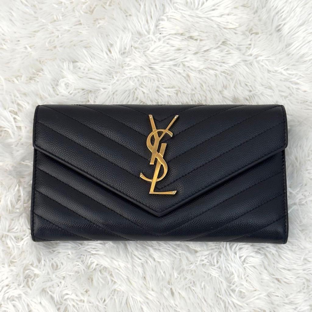 Б/у SAINT LAURENT Saint Laurent Большой клатч-кошелек Cassandra Черный Черный Стежка V