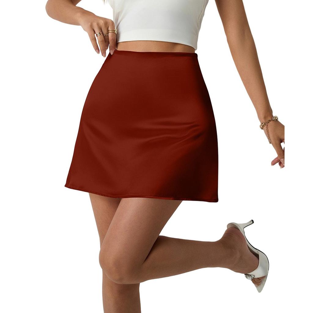 Женская летняя модная атласная юбка А-силуэта с высокой талией, однотонная короткая юбка до талии