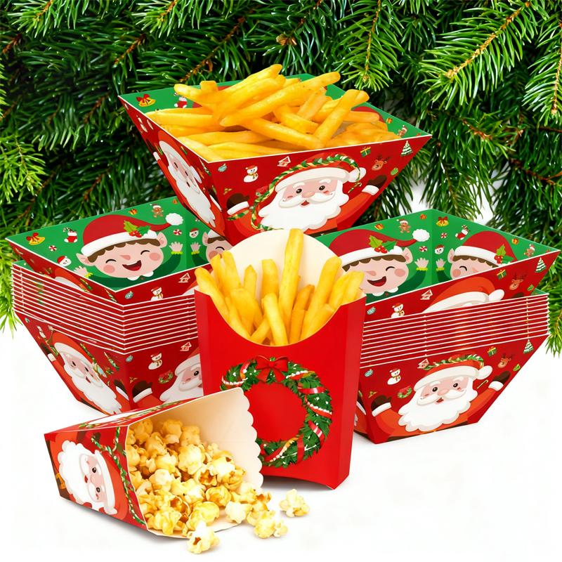 12pcs Christmas Decor Cartoon Santa Claus Pattern Popcorn Box Movie Night Snack Tray Set Xmas New Year Dining Table Decoration