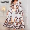Women's Plus Size Loose Big Size New Print Long Sleeve V Neck Long Dress