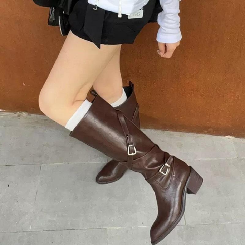 Long Boots Women's Autumn and Winter New Style Retro Thick Heel Knight Boots Fashionable Wide Cross Buckle Pointed High Boots