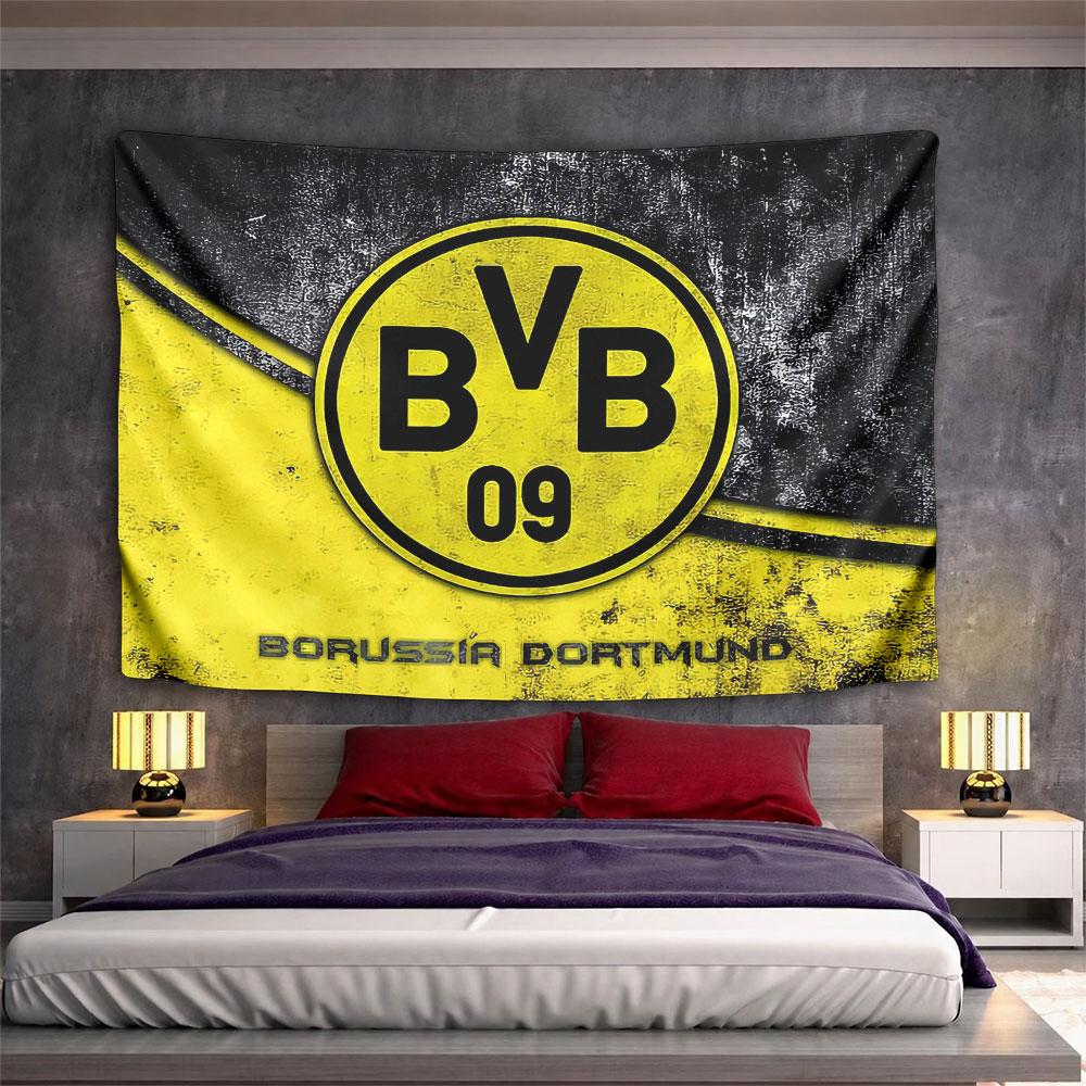 Yellow circle with "BVB 09" text on a grunge black and yellow background. Patterned tapestry for bedroom and living room home decor