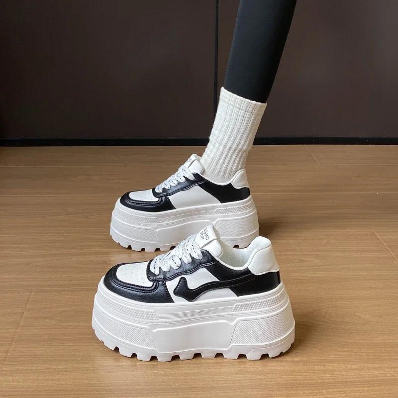 Fashion 8CM Women Platform Sneakers Leather Shoes New Autumn Chunky Vulcanized Skateboard Shoes Women Breathable Comfort Sneakers