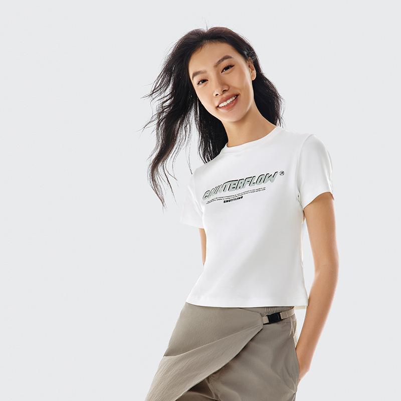 Li Ning CF Letter Print Pullover Round Neck Short Sleeve T Shirt Women T Shirts Standard-White ATSU614-1
