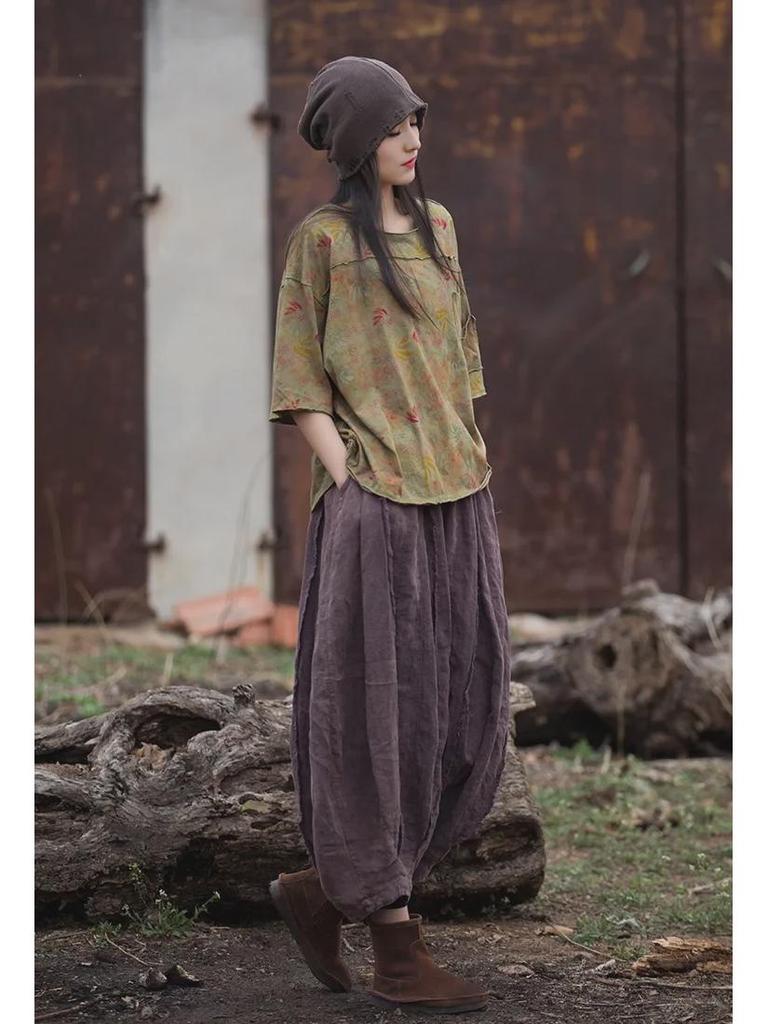 Женская футболка с коротким рукавом из хлопка и льна с пескоструйной обработкой в винтажном стиле