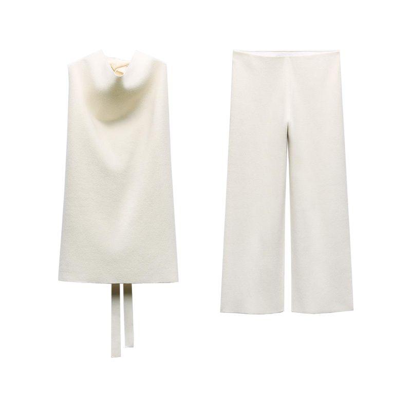 Spring New Temperament Hanging Collar Open Back Knitting Tops 2893013 High Waist Wide Leg Pants 2893014