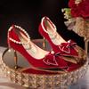 Spring and Autumn Fleece French Pointed Thick Heels Bow High Heels Red Wedding Shoes