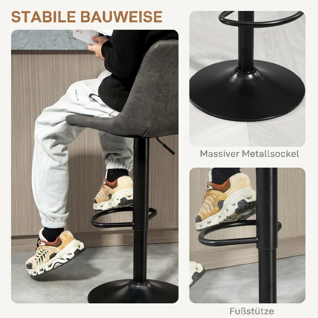 Set of 2 Bar Stools in Retro Design, Incl. Footrest, Height-Adjustable, Gas Lift, Dark Grey