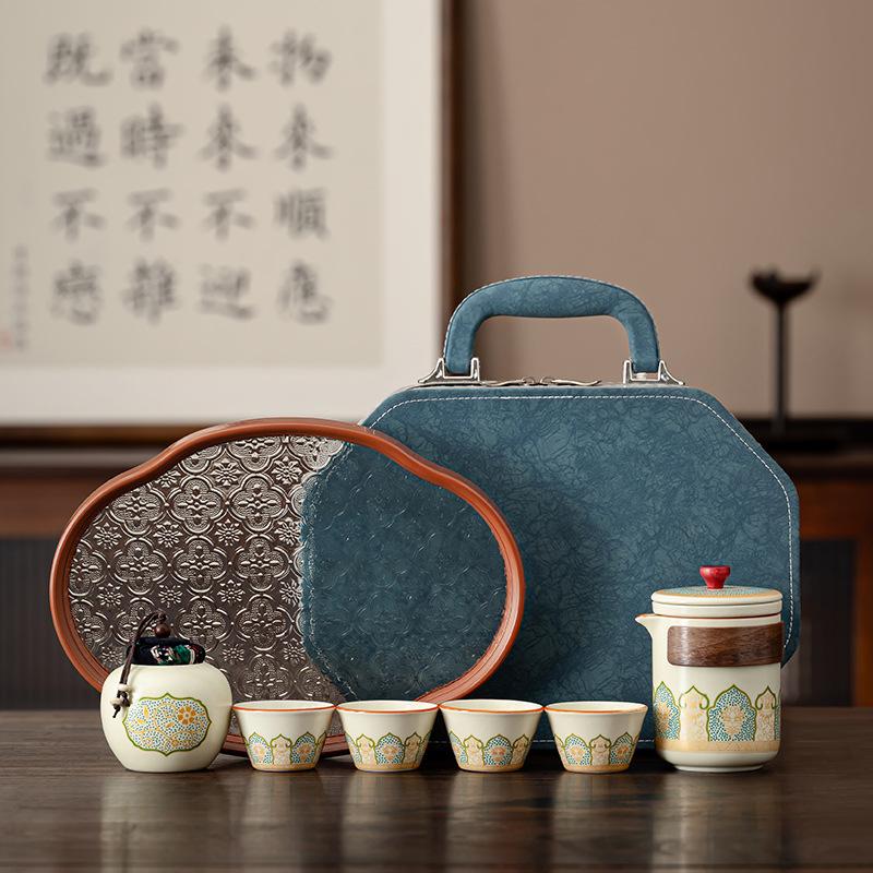 Travel set Outdoor kung fu teapot Portable high-end Ru kiln ancient rhyme camping tea drinking equipment Enterprise printing