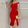 Evening Dress Off Shoulder Sheath Sleeveless Irregular Ruffle Hem Slim Fit Solid Color Faux Pearl Decor Midi Dress for Party Prom Wedding