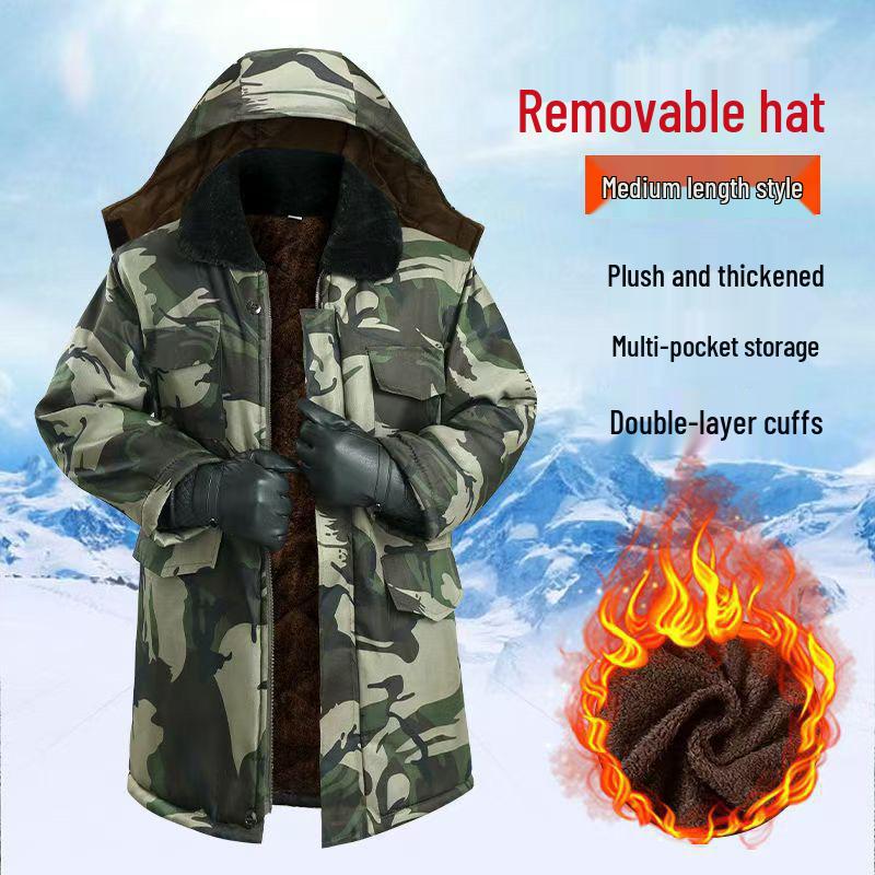 Windproof Camouflage Fleece-Lined Military Overcoat: Cold-Resistant, Waterproof, Mid-Length, Cotton-Padded Jacket for Cold Storage Labor Protection
