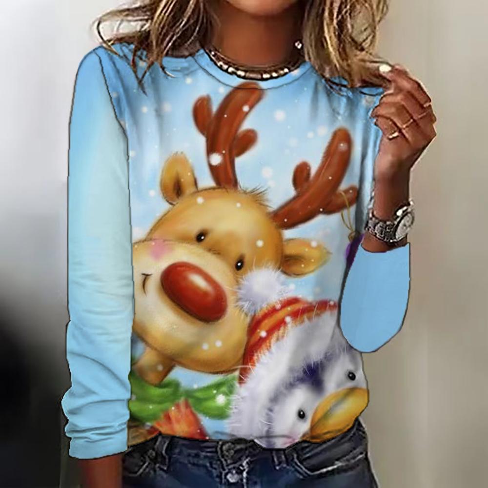 Spring and Autumn Long Sleeved Women's Top Christmas Printed Round Neck T-shirt Casual Cute Style