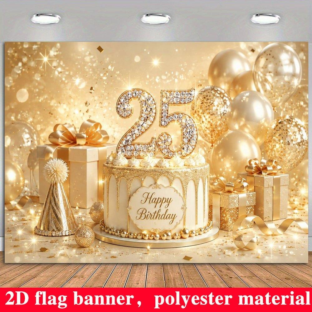 2D Flat Banner, Golden Birthday Backdrop, Number Shapes, Gift Boxes, Balloons