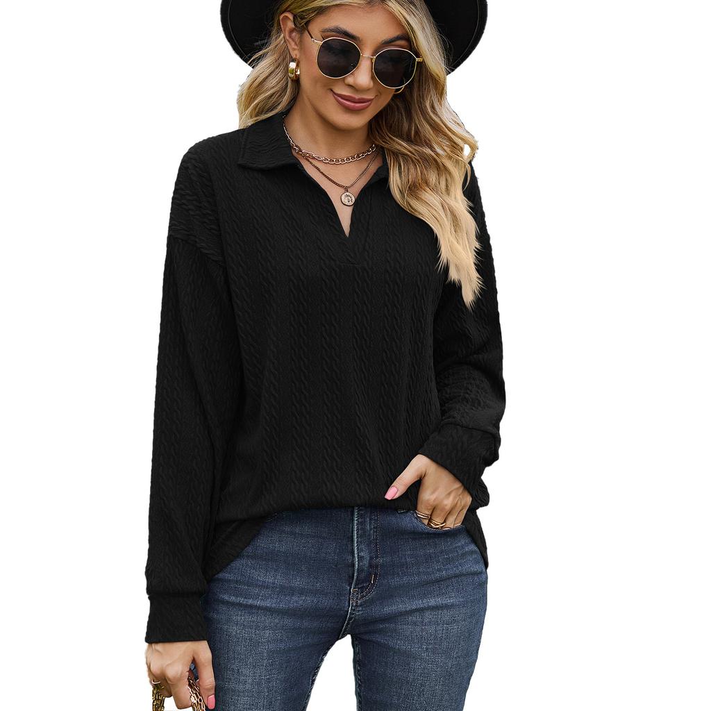Spring and Autumn Women's Blouse Solid Color Lapel Loose Sweatshirt Long Sleeve Top