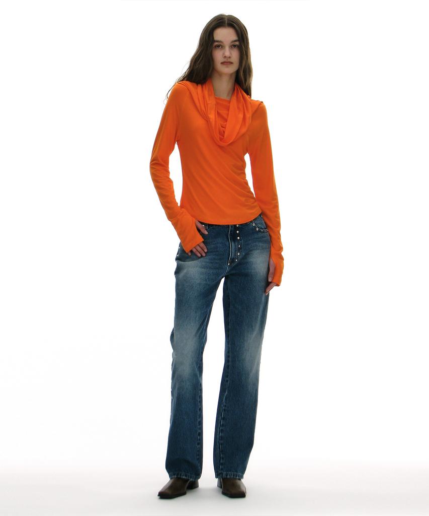 PARTIMENTO WOMEN 3-Way Cowl Neck Long Sleeve Tee_Orange