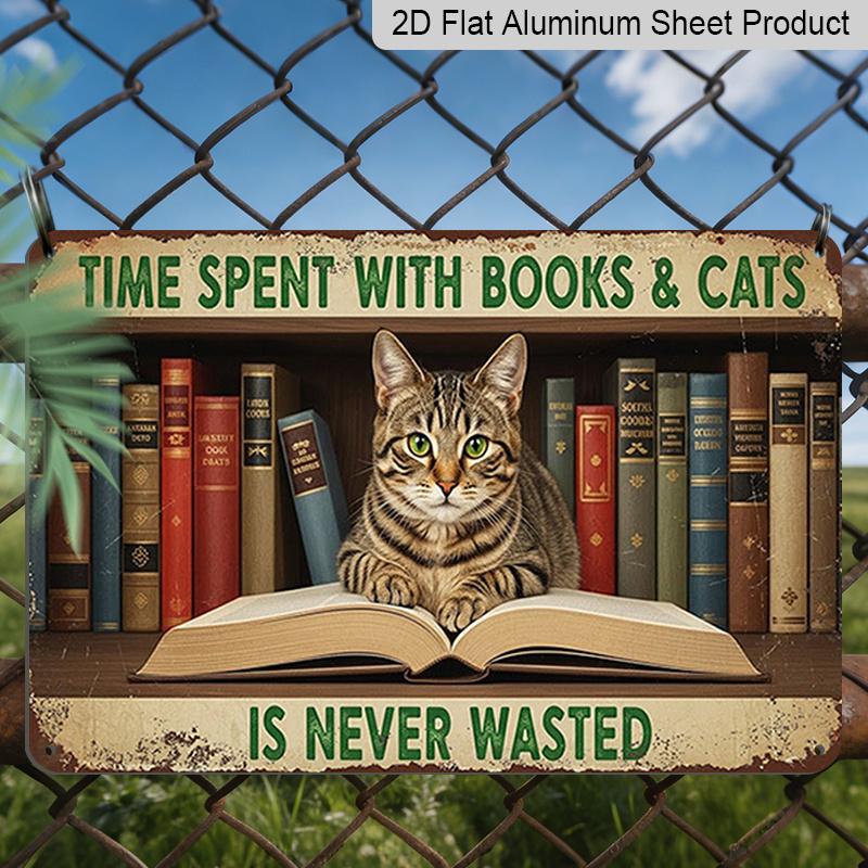 2D Flat 1pc ("8X12") "Time Spent with Books & Cats Is Never Wasted." Decor Gift Sign, Floral Sign, Aluminium Sign, Metal Sign Decor, Wall Decor, Home