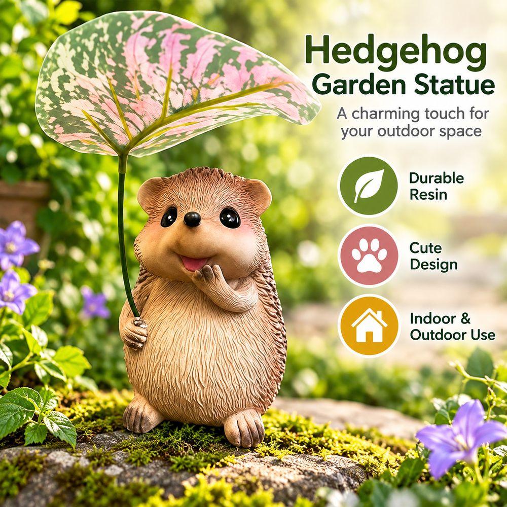 Handcrafted Look Hedgehog Statue Leaf Umbrella Garden Animal Statue Animal Garden Decor