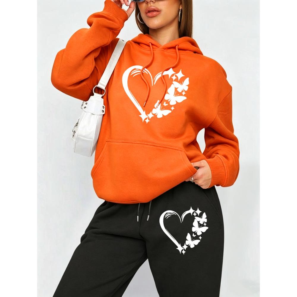 Combination Of Love And Butterfly Printed Y2K Women'S Hoodies Set Drawstring Fleece Hoody Clothing