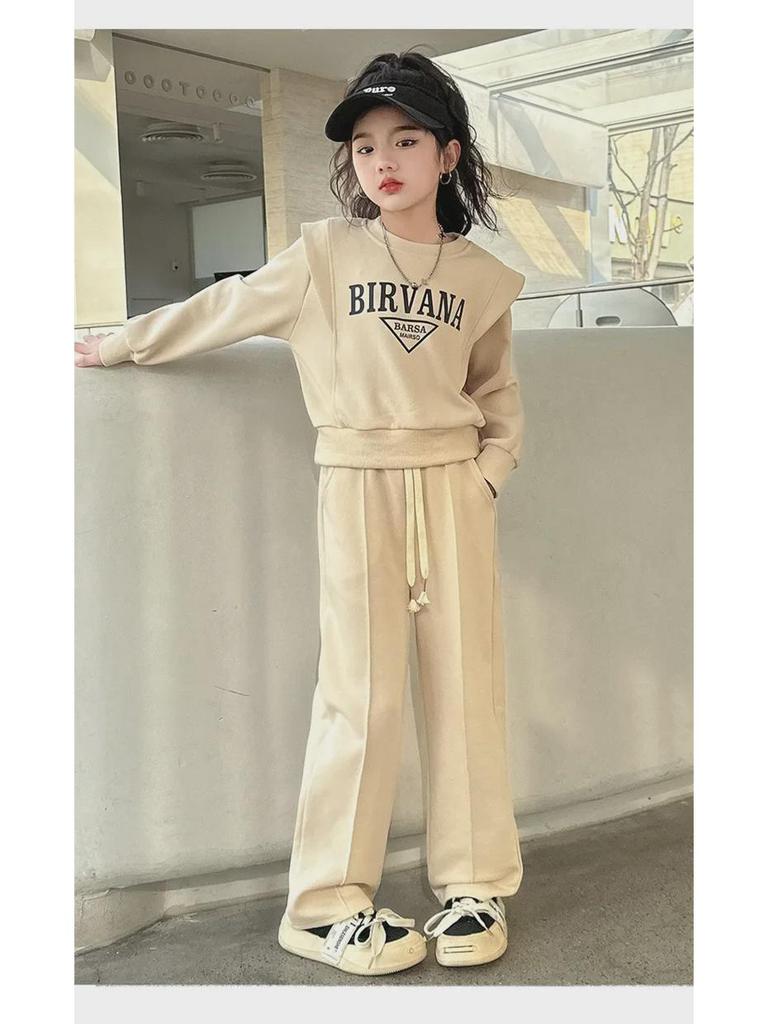 Корейский повседневный костюм-двойка для девочек: Стильный топ с буквами и брюки с длинным рукавом на весну и осень