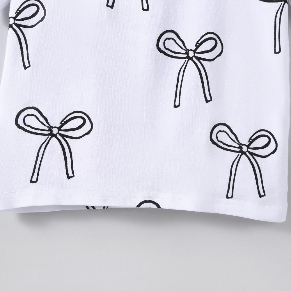 Футболка для девочек 2-7 лет, топы из хлопковой смеси, повседневные, с милым принтом банта, летние детские футболки с круглым вырезом и короткими рукавами