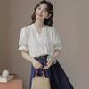2024 летняя новая стильная французская женская белая рубашка-пуловер с v-образным вырезом и пышными рукавами и короткими рукавами, рубашка для женщин