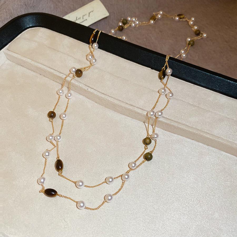 Maillard Multi-layer Tiger's Eye Stone Necklaces for Women Retro Stackable Glass Bead Sweater Neck Chain Charms Jewelry Gifts K1