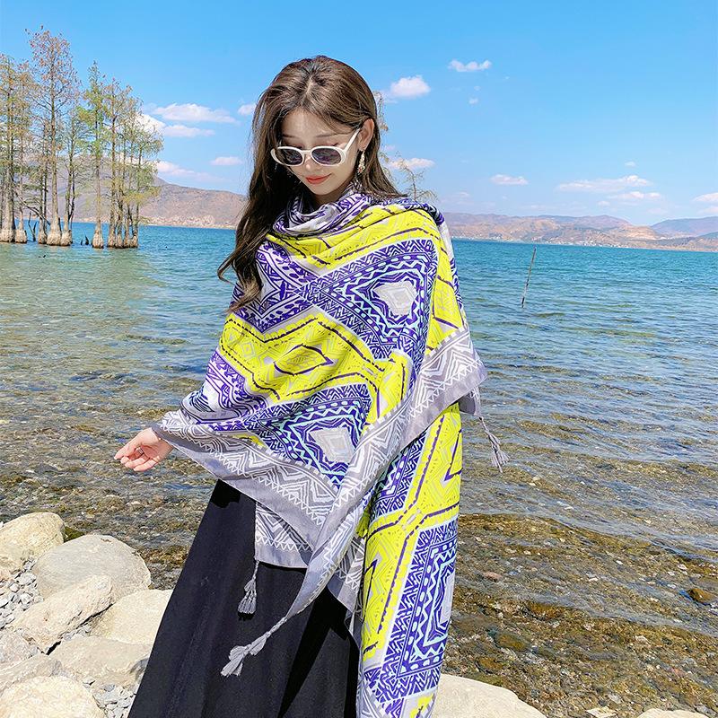 Summer cotton and linen feel scarf travel silk scarf sun protection air conditioner large shawl women's beach towel ethnic style scarf