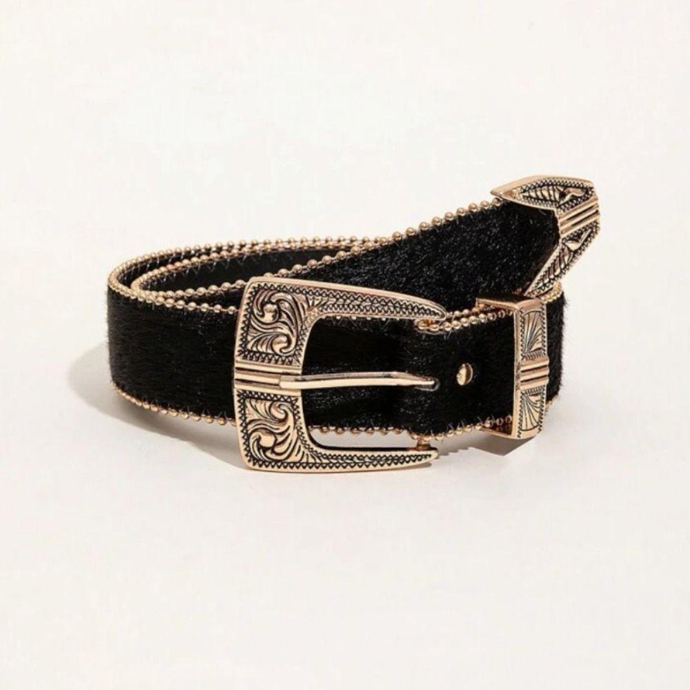 PU Leopard Print Belt Vintage Suede Waistband Gothic Carved Buckle Belt Spicy Girl