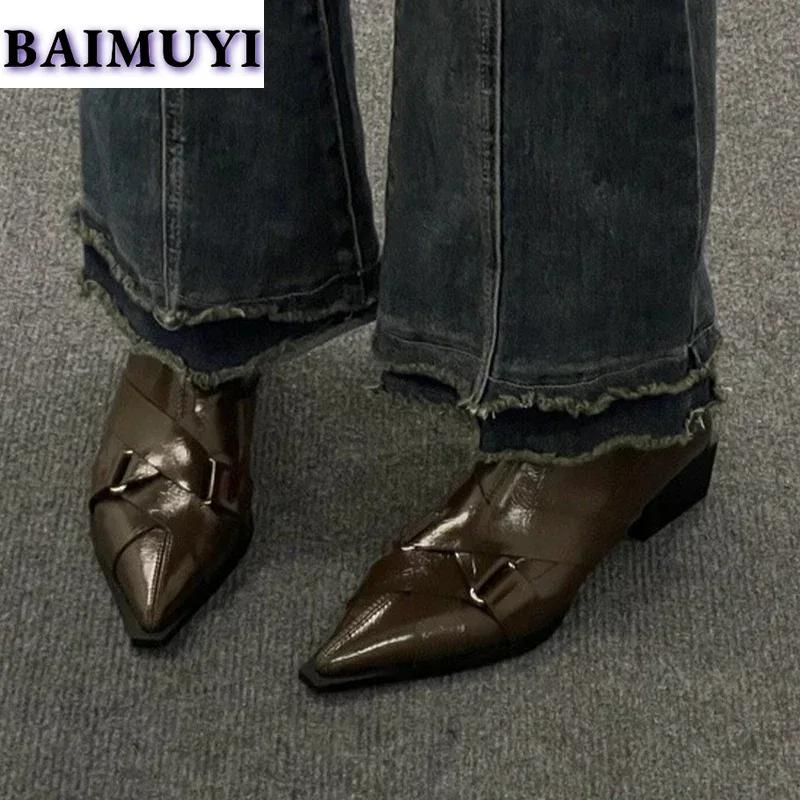 Женские ботильоны на среднем каблуке с острым носком, кожаные туфли, тренд зимы 2025 года, новые сексуальные массивные ботинки «Челси» для снега, модные туфли-лодочки Zapatos