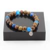 Stones and Minerals. Blue Ribbon Agate + Wood 8mm Beaded Bracelet. Made In France.