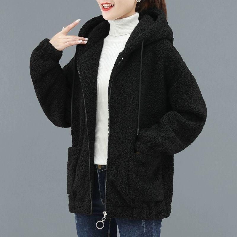 Women Hooded Coat Chic Fleece Thick Solid Color Pockets Long Sleeves Loose Warm Plush Zipper Cardigan Outdoor Autumn Winter New