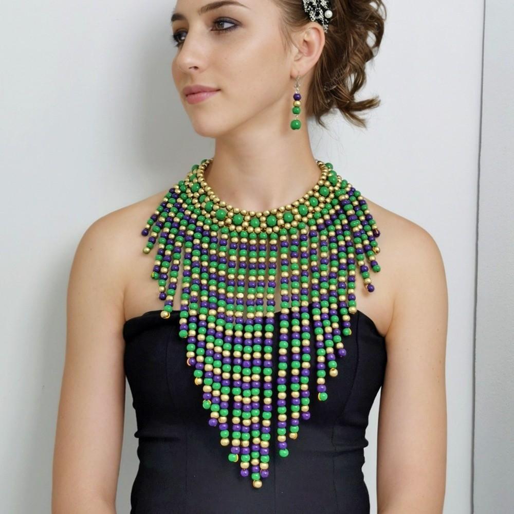 1920s Necklace Earrings Set Wood Ear Studs Elegant Tassel Necklace Evening
