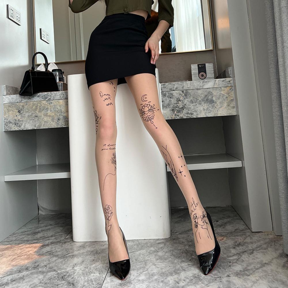 Black Patterned Long Stockings Letter Tattoos Pantyhose New Inscriptions Tights  Women