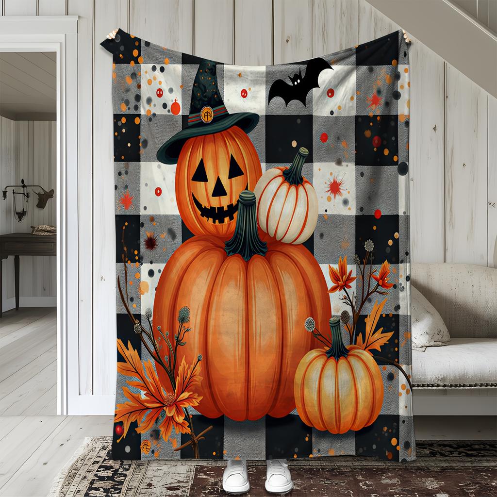 1pc Flannel Blanket, Halloween Pumpkin Theme 2D Printed Throw - Warm & Soft for Sofa, Bed, Car, Office, Camping, and Travel - Pe